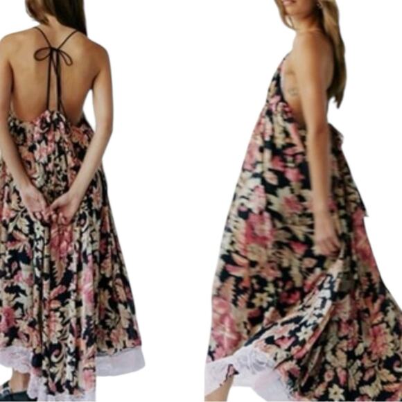 NEW Free People Primmy Midi Black Floral Chiffon Pink Lace Resort Boho Dress XL - Picture 2 of 16